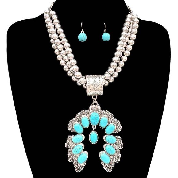 Large Squash Blossom Pendant Chunky Necklace and Earrings Set with Turquoise St - Picture 11 of 11